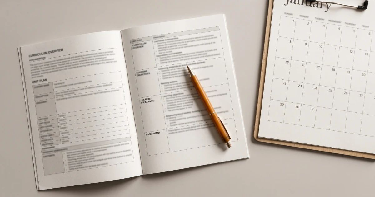 A curriculum document and calendar on a desk, representing Pilates teacher training programs reviewing their curriculum ahead of the January 2027 NPCP deadline
